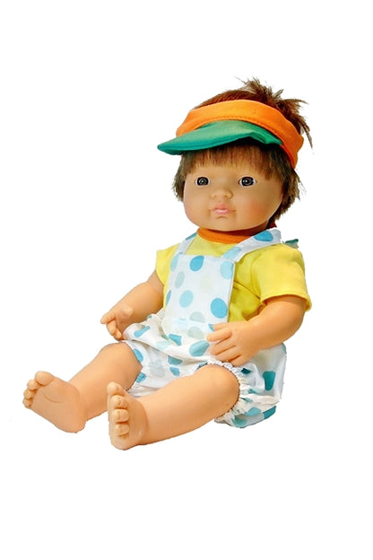 For 15 inch Dolls: Boy's or Girl's 3 pc Romper Set 'Blue Dots' with Visor
