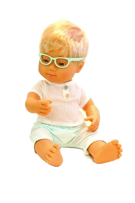 Our Blonde Boy Down Syndrome Doll wearing eyeglasses for dolls