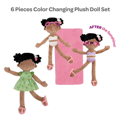 Illustration of Skye rag doll dressed, then undressed into her bathing suit and then after sun exposure the doll's bathing suit changes color