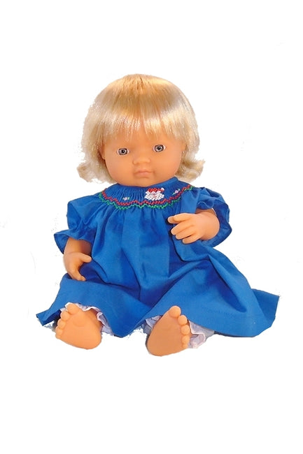 For 15 inch Dolls: Hand Smocked / Hand Embroidered Holiday Dress in Blue