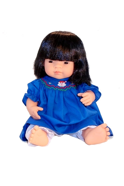 For 15 inch Dolls: Hand Smocked / Hand Embroidered Holiday Dress in Blue