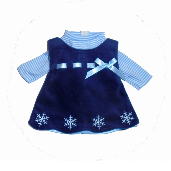 a 15 inch doll's blue velvet and snowflakes holiday dress