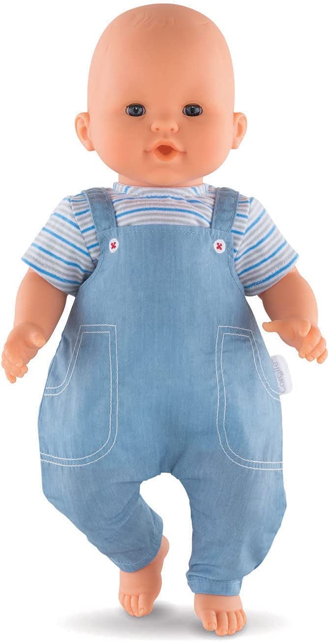 a corolle doll in the one piece tee and overalls doll clothes