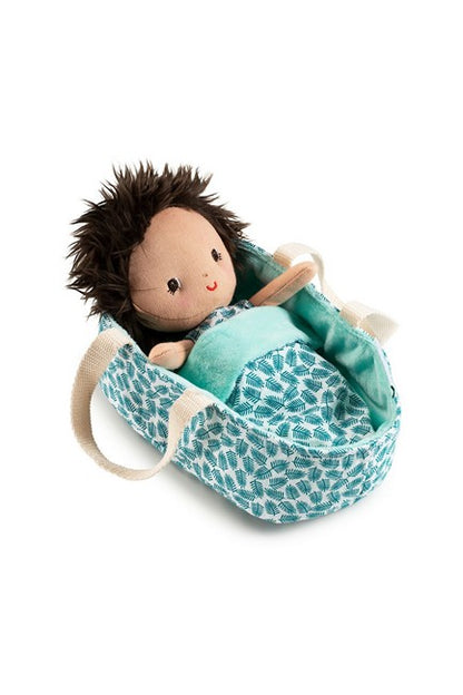 this soft plush biracial baby doll comes with removable outfit, baby blanket and cloth carry cradle